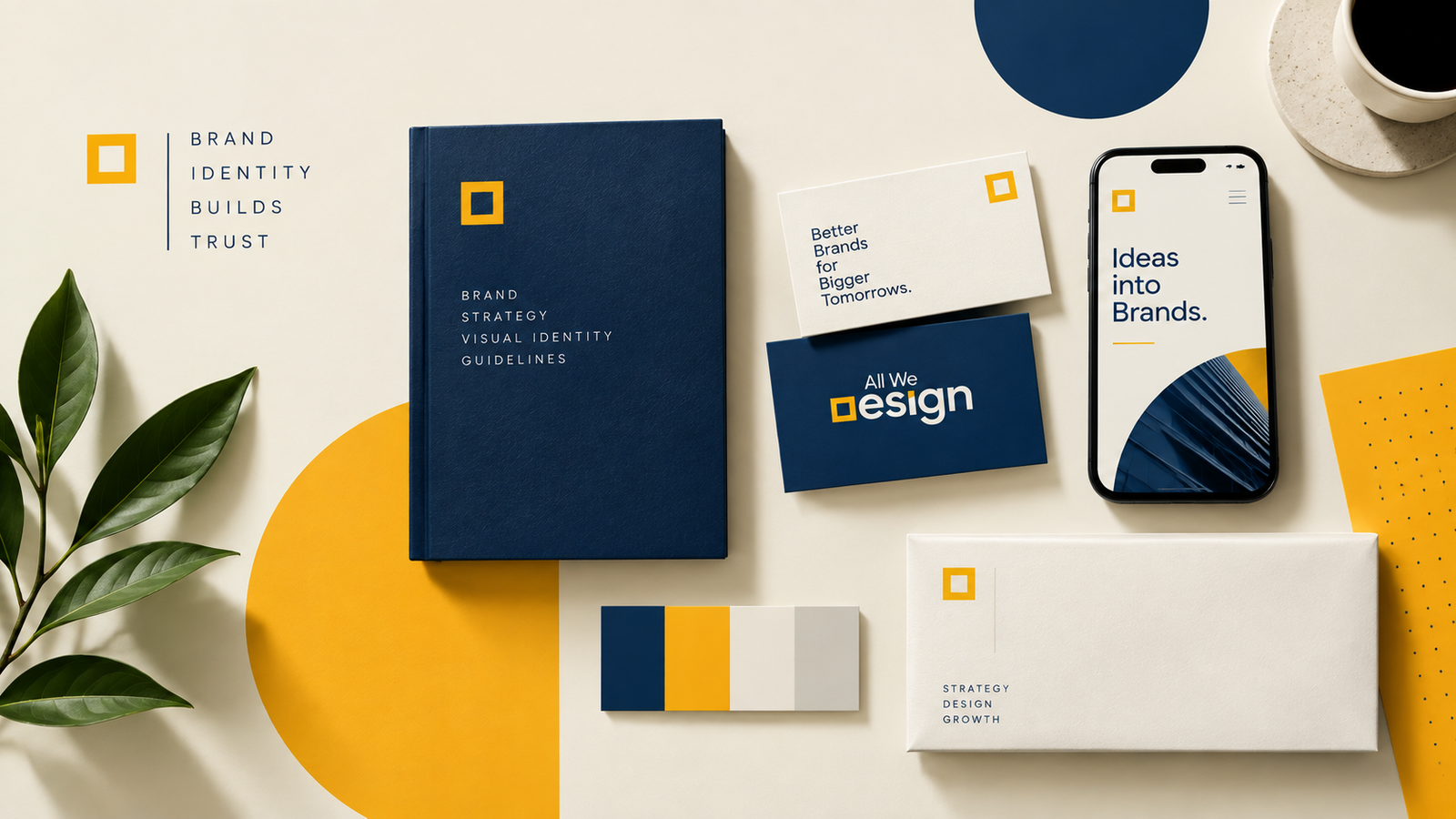Flat-lay of a navy and amber brand identity system — guidelines book, business cards, app screen, color palette, and packaging — representing strategic brand identity work for startups.