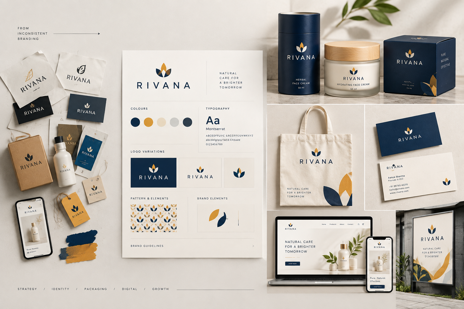Brand identity system showing consistent branding across packaging, digital and marketing touchpoints for a medium business
