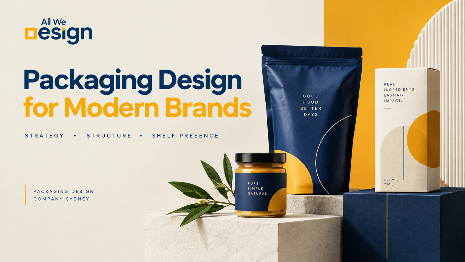 All We Design hero banner for "Packaging Design for Modern Brands" showing navy and gold packaging mockups — a stand-up pouch, glass jar, and box — styled on stone pedestals, with "Packaging Design Company Sydney" text.