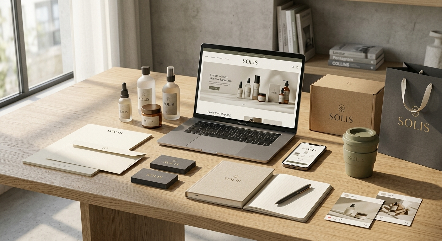 Flat-lay of a complete SOLIS brand identity system — skincare packaging, business cards, stationery, website, and shipping box all sharing one cohesive visual language.