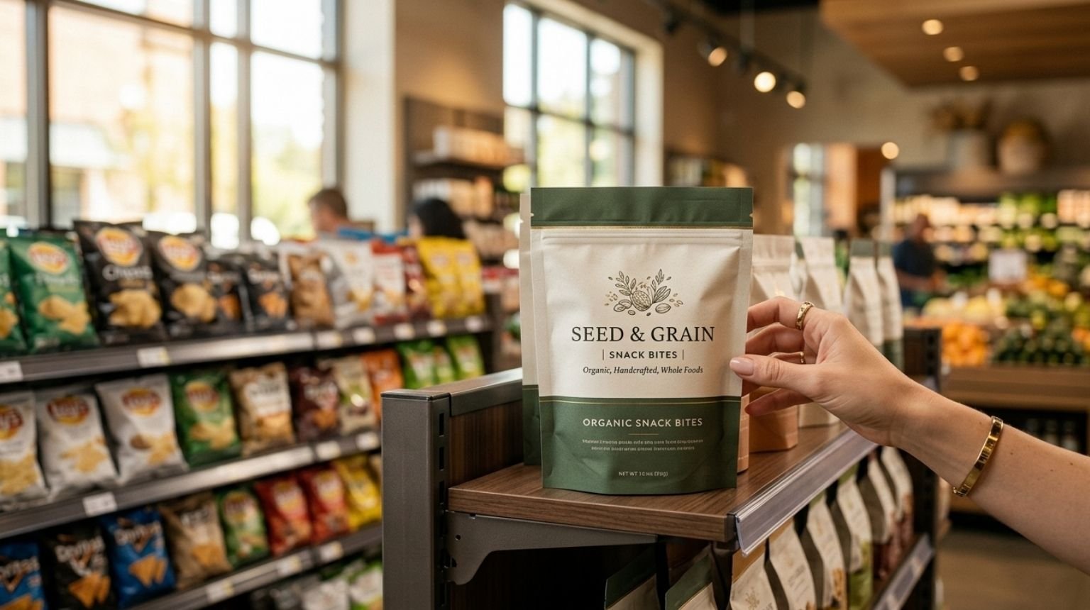 Hand picking up an organic Seed & Grain snack pouch from a grocery shelf — an example of standout food startup packaging design.